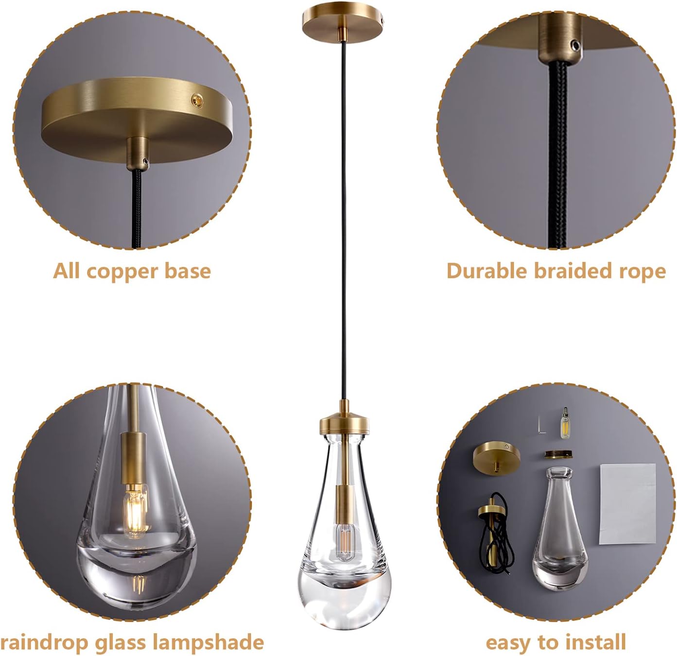 1-Light Modern Copper Chandelier, Pendant Light Kitchen Island with Raindrop Glass Shade, 1-Set