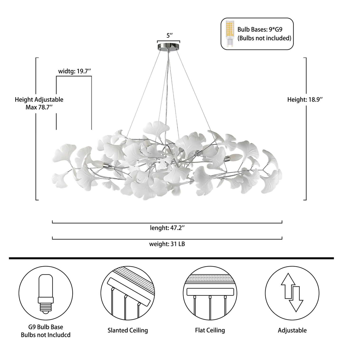 6 Light Silver Chandelier, Luxury Ginkgo Branch Chandelier for Living Room, Dining Room, Foyer, Kitchen Island-L47 in.
