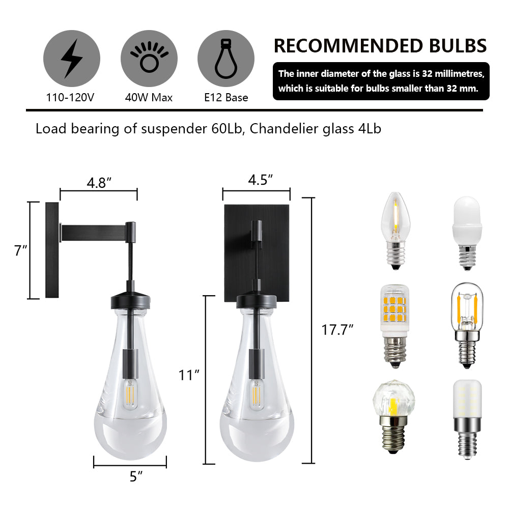 17.7 in. H 1-Light Black Wall Sconce, Raindrop Wall Lighting with Hand Blown Solid Glass and Brass Base (1-Set)