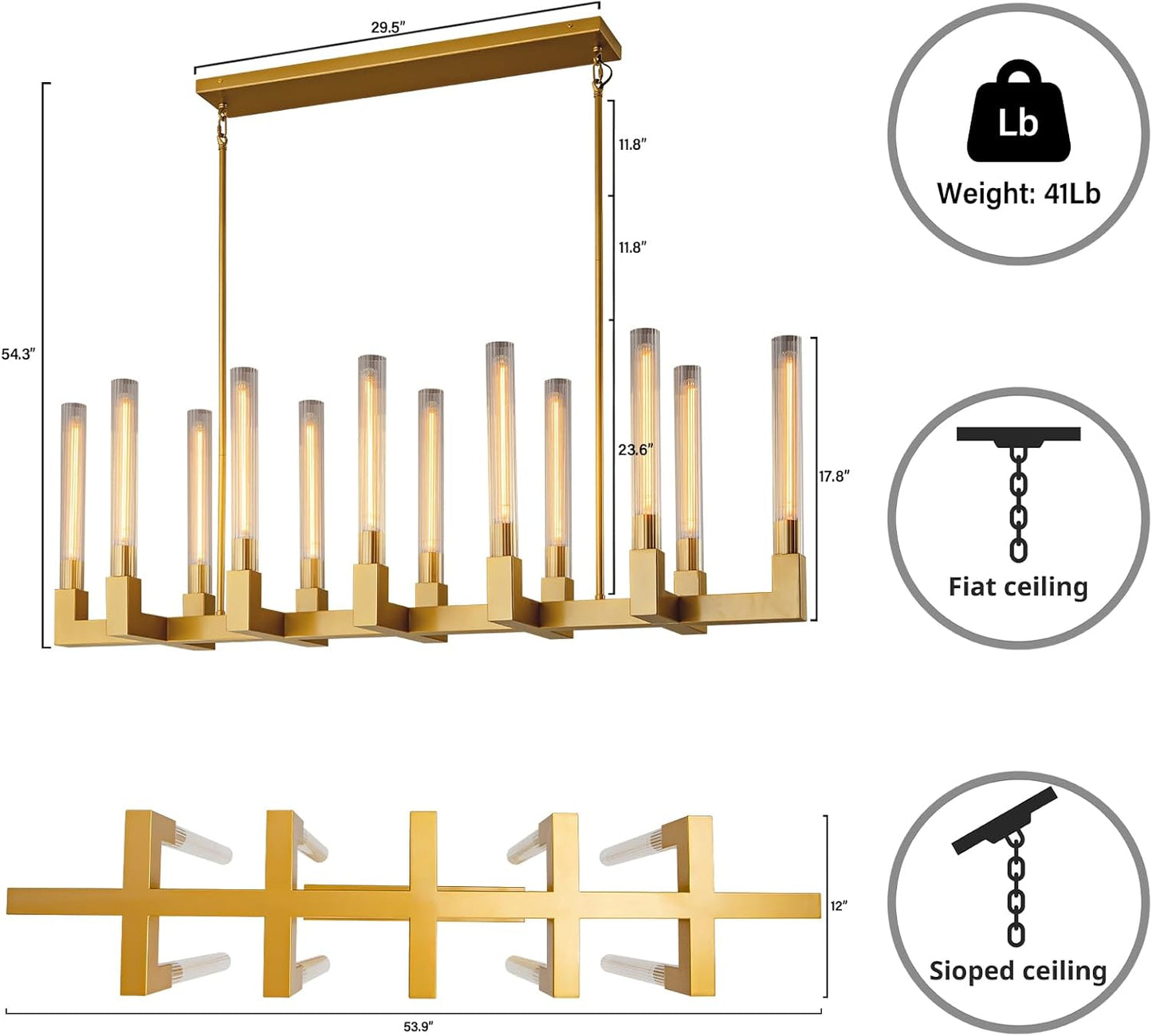12-Light Copper Candlestick Chandelier, Modern Chandelier with Glass Shade, Retangular Luxurious Ceiling Pendant Light