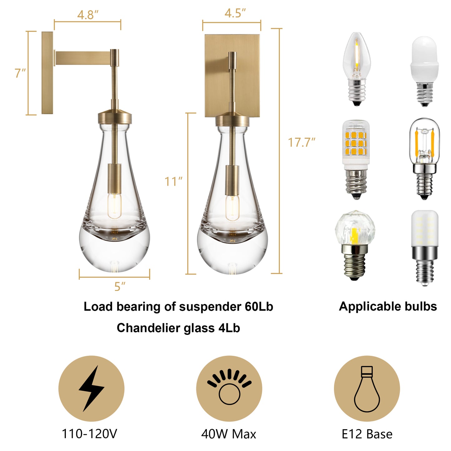 17.7 in. 1-Light Gold Wall Sconce, Raindrop Wall Lighting with Hand Blown Solid Glass, Brass Base and Rod (2-Sets)