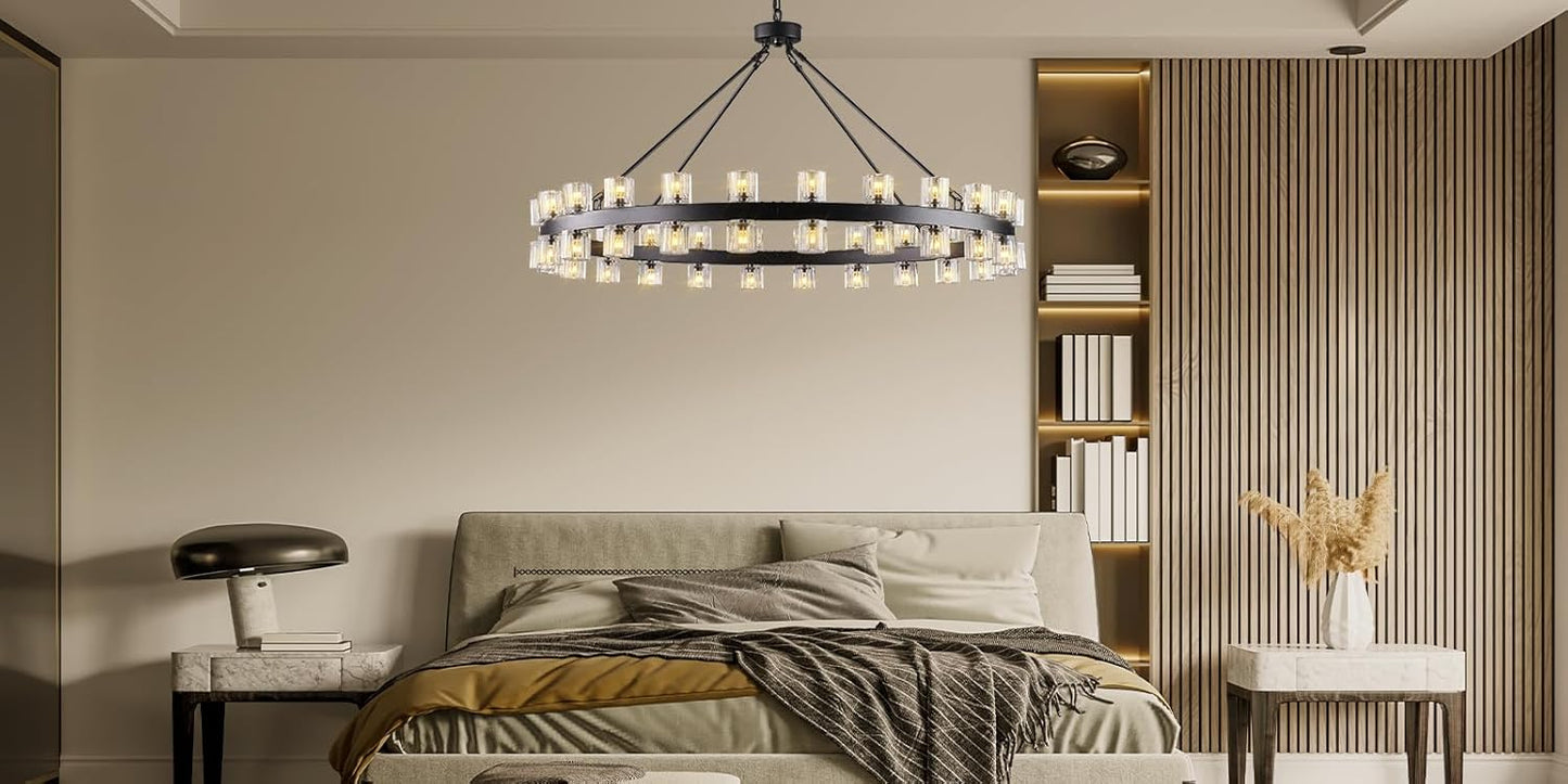 48-Light Black Round Chandelier, 48 in. Modern K9 Crystal Chandelier for Dining Room, Living Room, Foyer