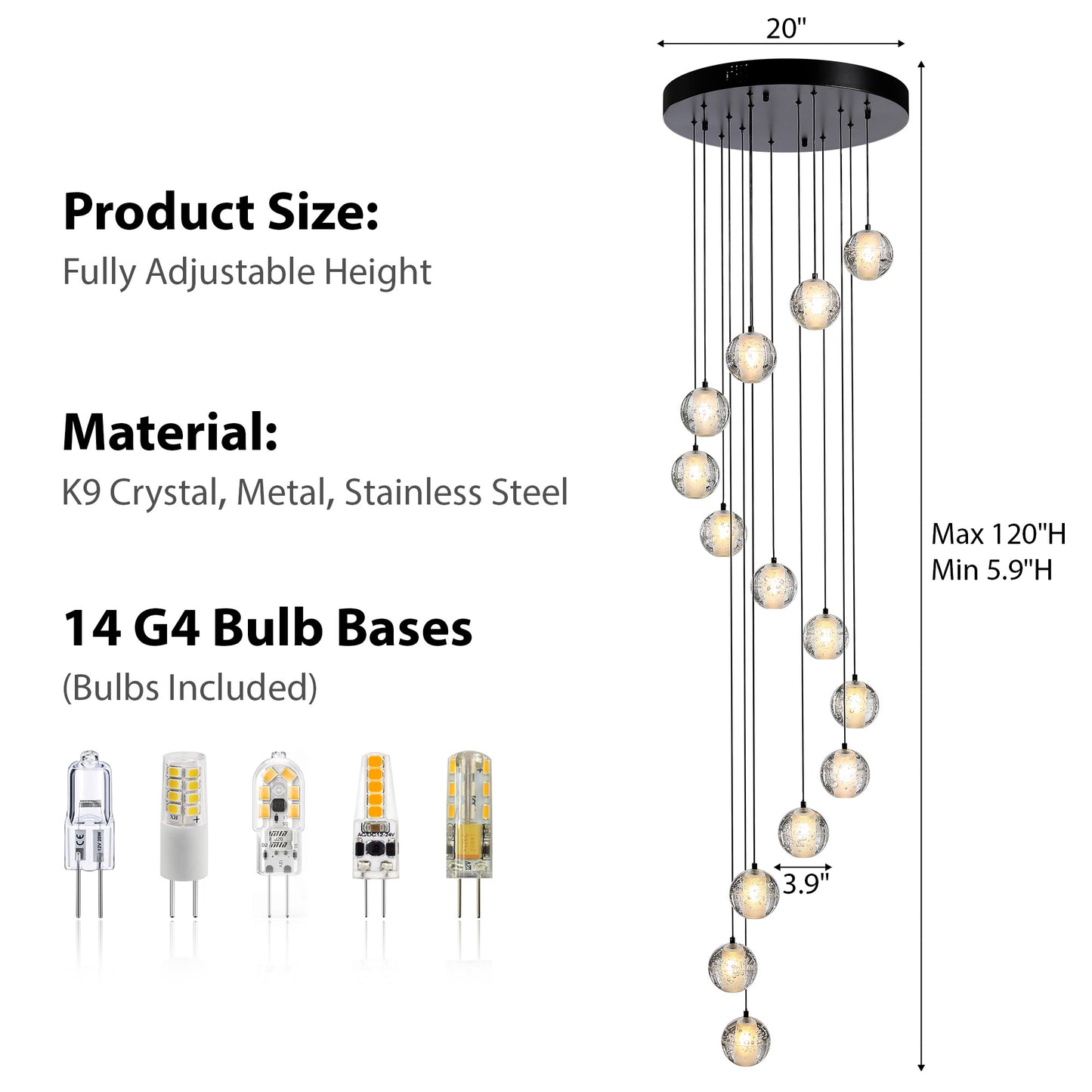 120 in. H 14-Light Black Staircase Chandelier Modern Pendant Light w/Glass Shade for High Ceiling Living Room EntryFoyer