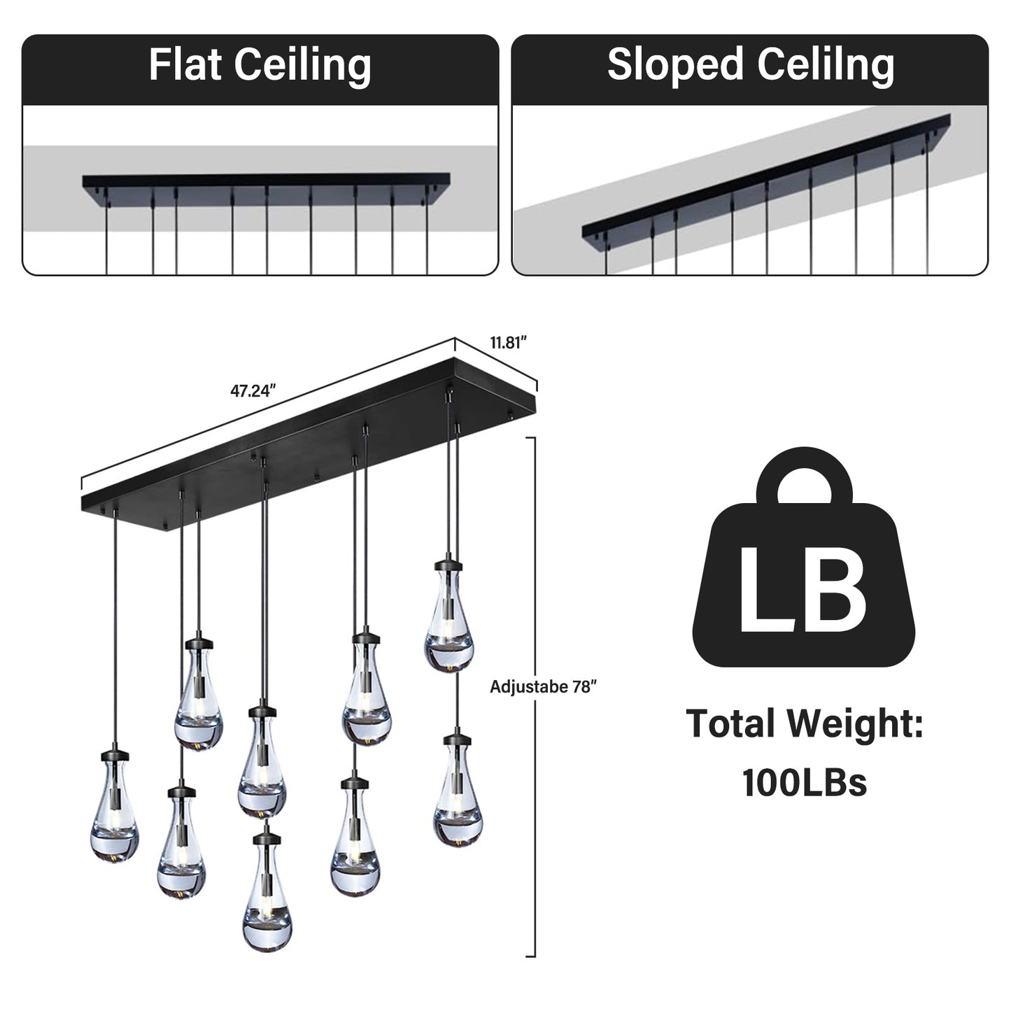 9-Lights Black Raindrop Chandelier, Modern Glass Pendant Light for Living Room, Kitchen Island, Bulb Included