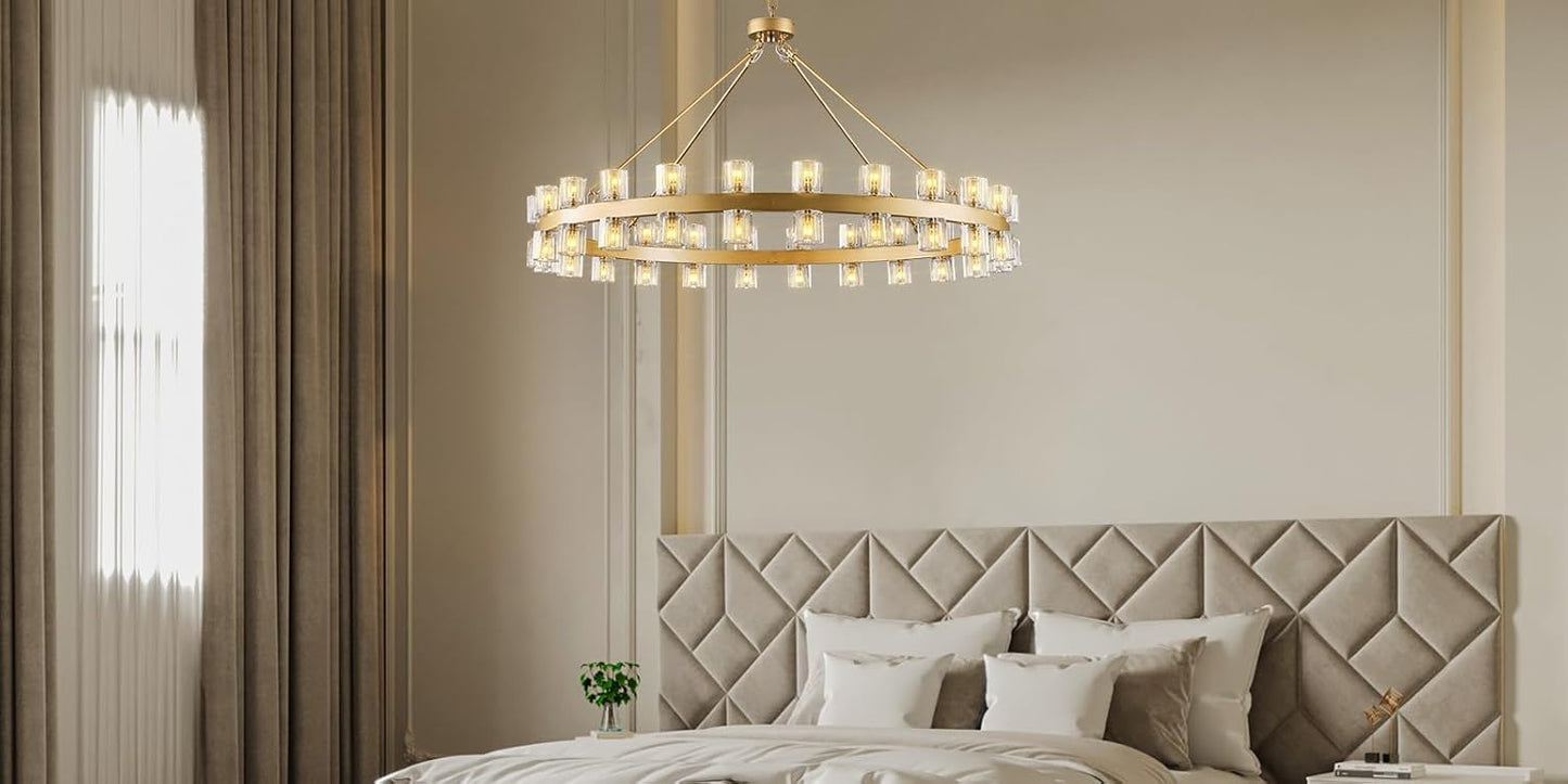 48-Light Gold Round Chandelier, 48 in. Modern K9 Crystal Chandelier for Dining Room, Living Room, Foyer