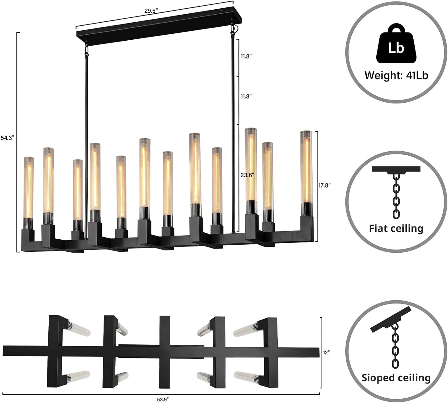 12-Light Black Candlestick Chandelier, Modern Chandelier with Glass Shade, Retangular Luxurious Ceiling Pendant Light