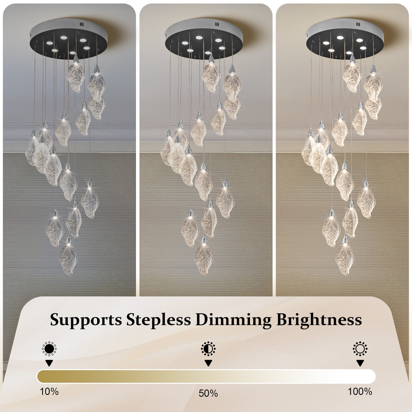 Modern 78 in. H 14Light Integrated LED Silver Crystal Staircase Chandelier Bionic Leaf High Ceiling LED Lighting Fixture