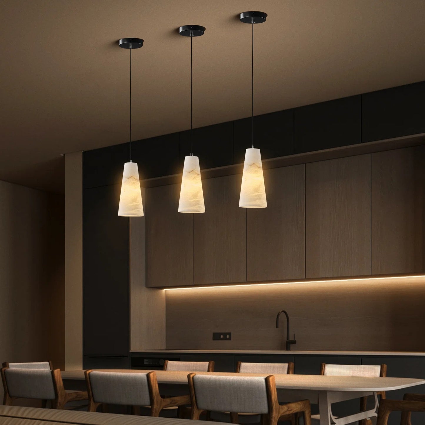 1-Light Black Pendant Light, Conical Natural Alabaster Shade Pendant Light for Dining Room, Kitchen Island Bulb Included