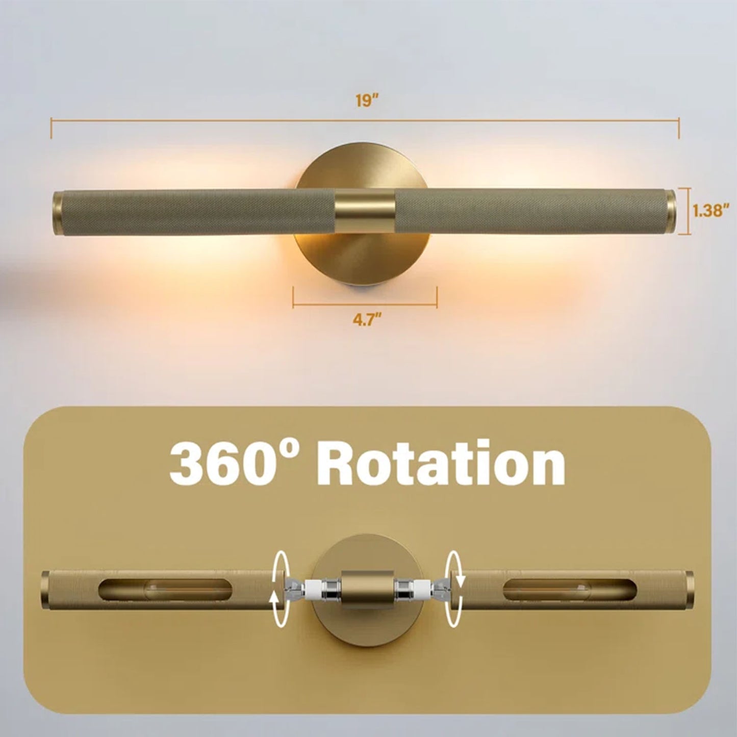 19 in. 2-Light Gold Vanity Light, Mirror Wall Light with Solid Brass and Rotatable Knurled Lampshade (Bulbs Included)