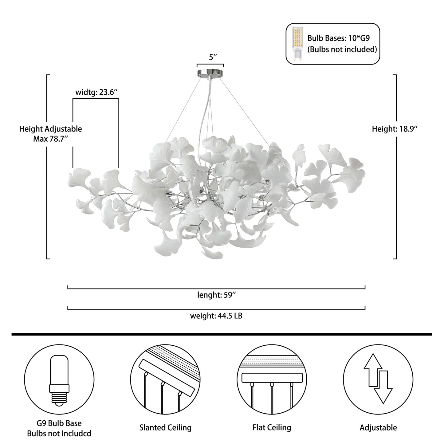 10 Light Silver Chandelier, Luxury Ginkgo Branch Chandelier for Living Room, Dining Room, Foyer, Kitchen Island-L59 in.