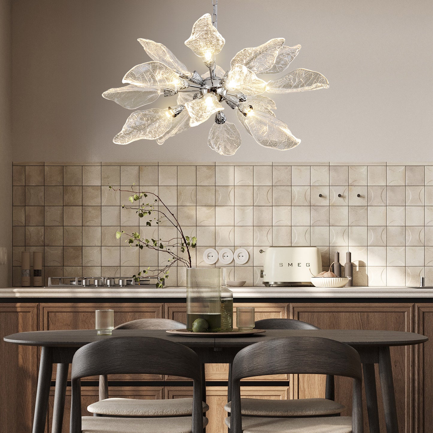 D31.5 in. 18-Light Silver Modern Chandelier, Crystal Leaf Chandelier for Bedroom, Dining Room, Living Room, Foyer