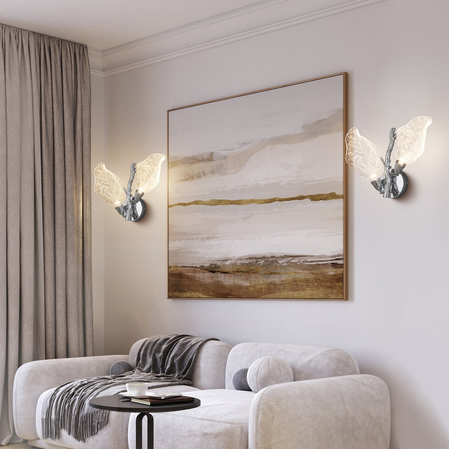 2-Light Silver Bionic Leaf Wall Sconce, LED Vanity Lighting Fixtures for Bathroom Hallway, Living Room, Stairs