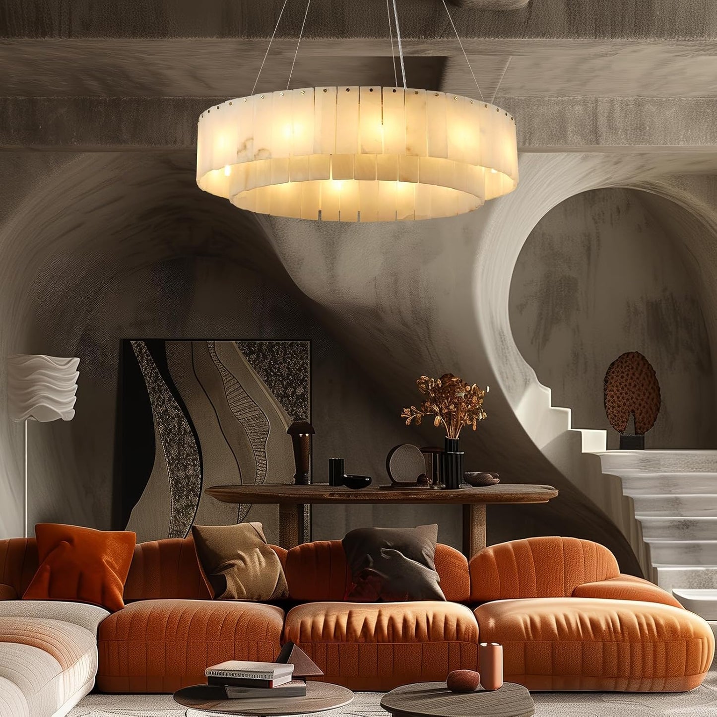10-Light White Alabaster Chandelier, Modern Round Chandelier for Dining Room, Living Room, Kitchen Island