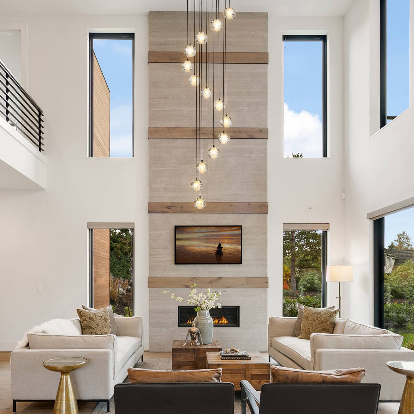 120 in. H 14-Light Black Staircase Chandelier Modern Pendant Light w/Glass Shade for High Ceiling Living Room EntryFoyer