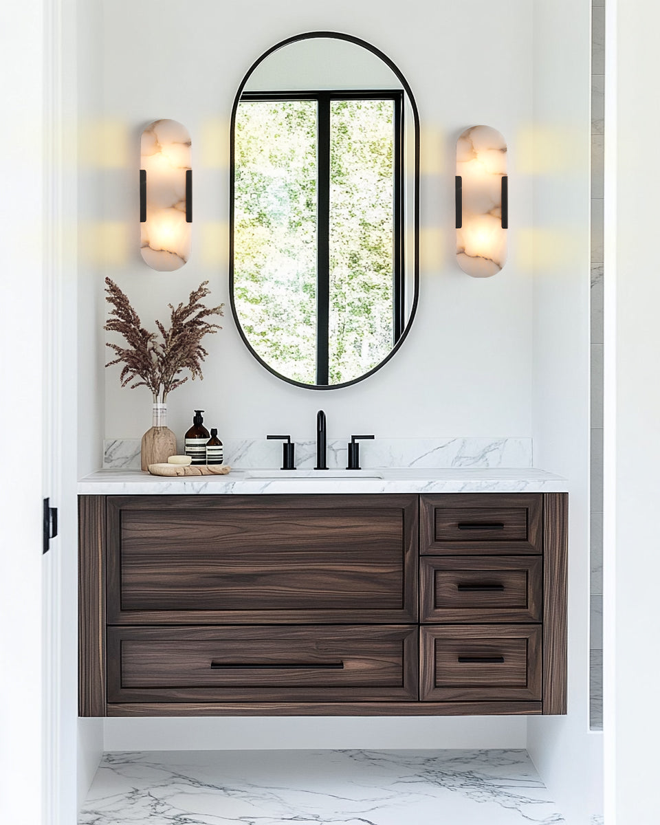 14 in. 2-Lights Black LED Wall Sconce, Natural Alabaster Modern Wall Light for Bedroom, Bathroom, Living Room(Set of 2)