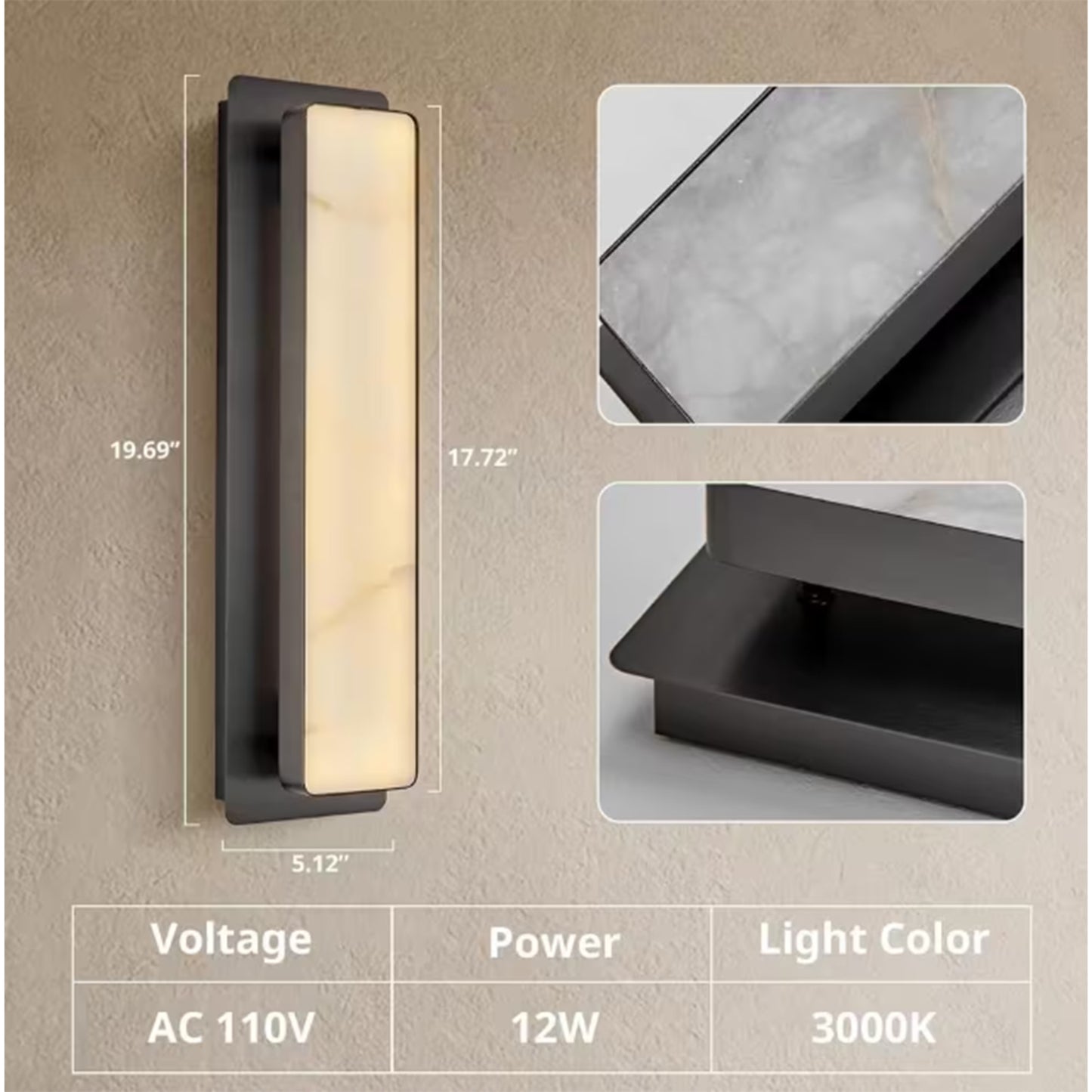 20 in. 1-Light Black LED Wall Sconce, Natural Alabaster Modern Wall Light for Bedroom, Bathroom, Living Room
