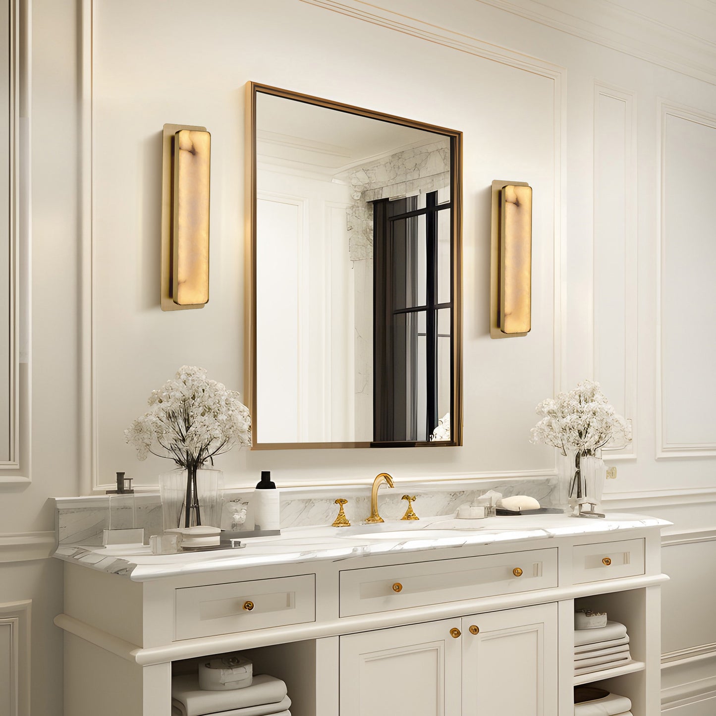 20 in. 1-Light 2-Piece Gold LED Wall Sconce, Natural Alabaster Modern Wall Light for Bedroom, Bathroom, Living Room