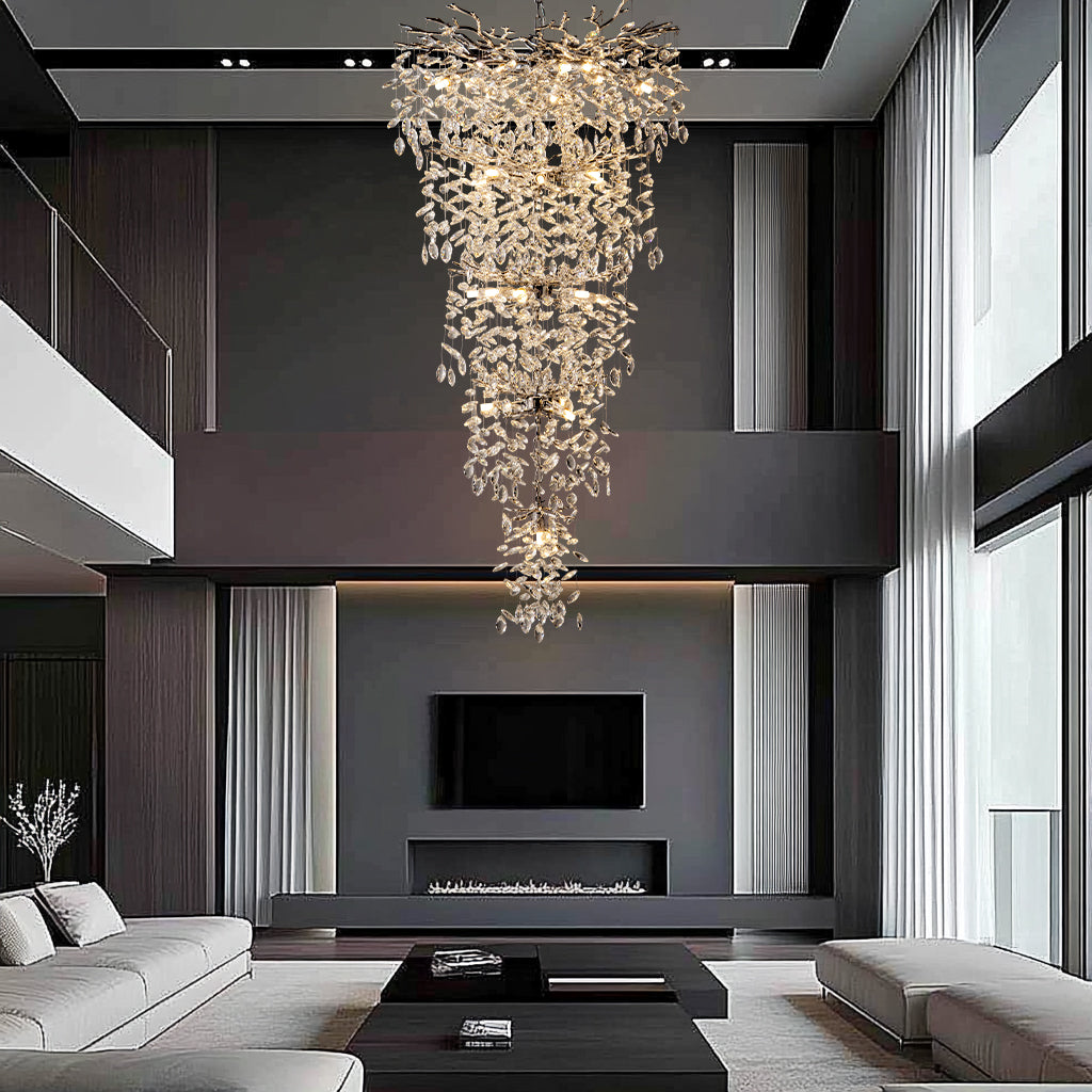 Modern Chandelier 118 in. 28-Lights Crystal Silver Chandelier for Foyer,Staircase, Living room, Multiple Tier Chandelier