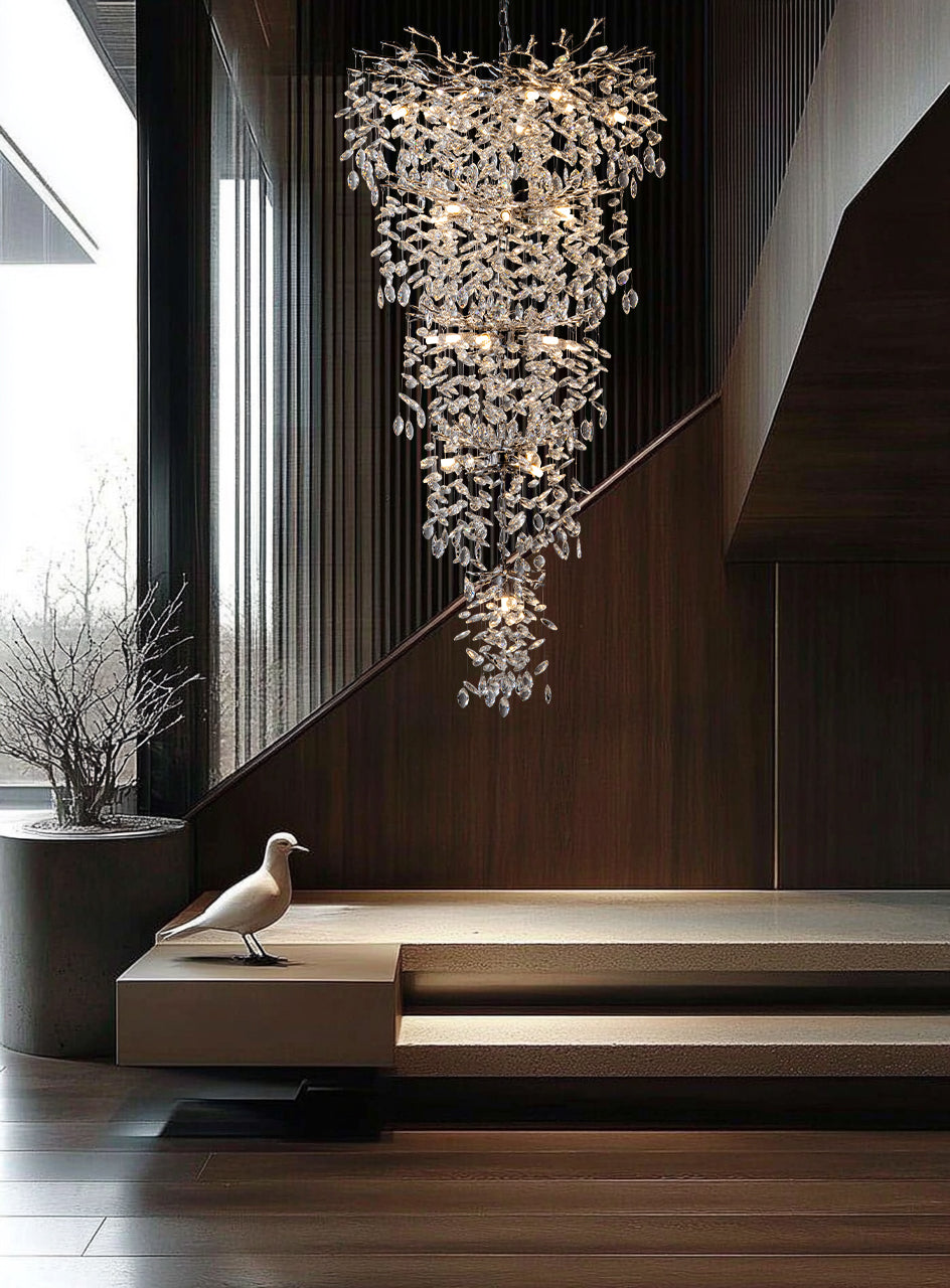 Modern Chandelier 118 in. 28-Lights Crystal Silver Chandelier for Foyer,Staircase, Living room, Multiple Tier Chandelier