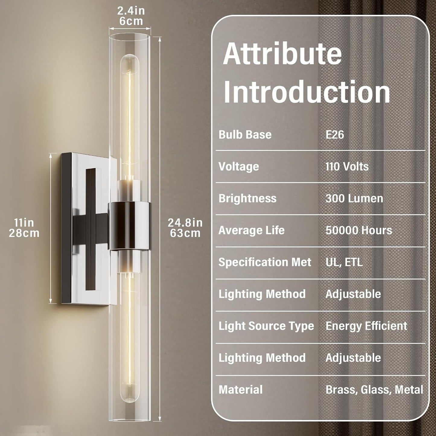 24.8 in. 2-Light Nickel Wall Sconce, Vanity light, Modern Wall Light for Living Room, Bathroom, Bedroom (Set of 2)