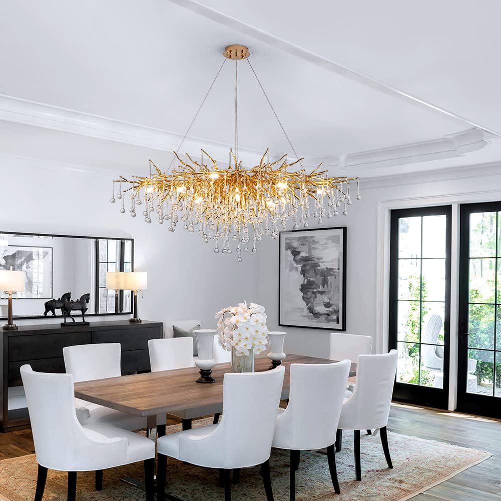 13-Lights Gold Luxury Crystal Chandelier, Modern Frosted Tree Branch Chandelier for Living Room, Dinning Room, Kitchen