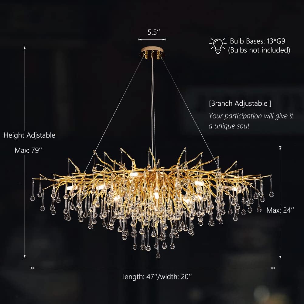 13-Lights Gold Luxury Crystal Chandelier, Modern Frosted Tree Branch Chandelier for Living Room, Dinning Room, Kitchen