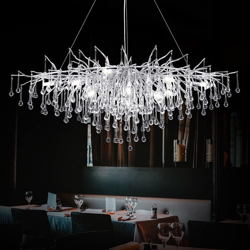 Modern Chandelier 47 in. 13-Lights Silver Luxury Crystal Globe Linear Chandelier for Dining Room, Kitchen Island, Foyer