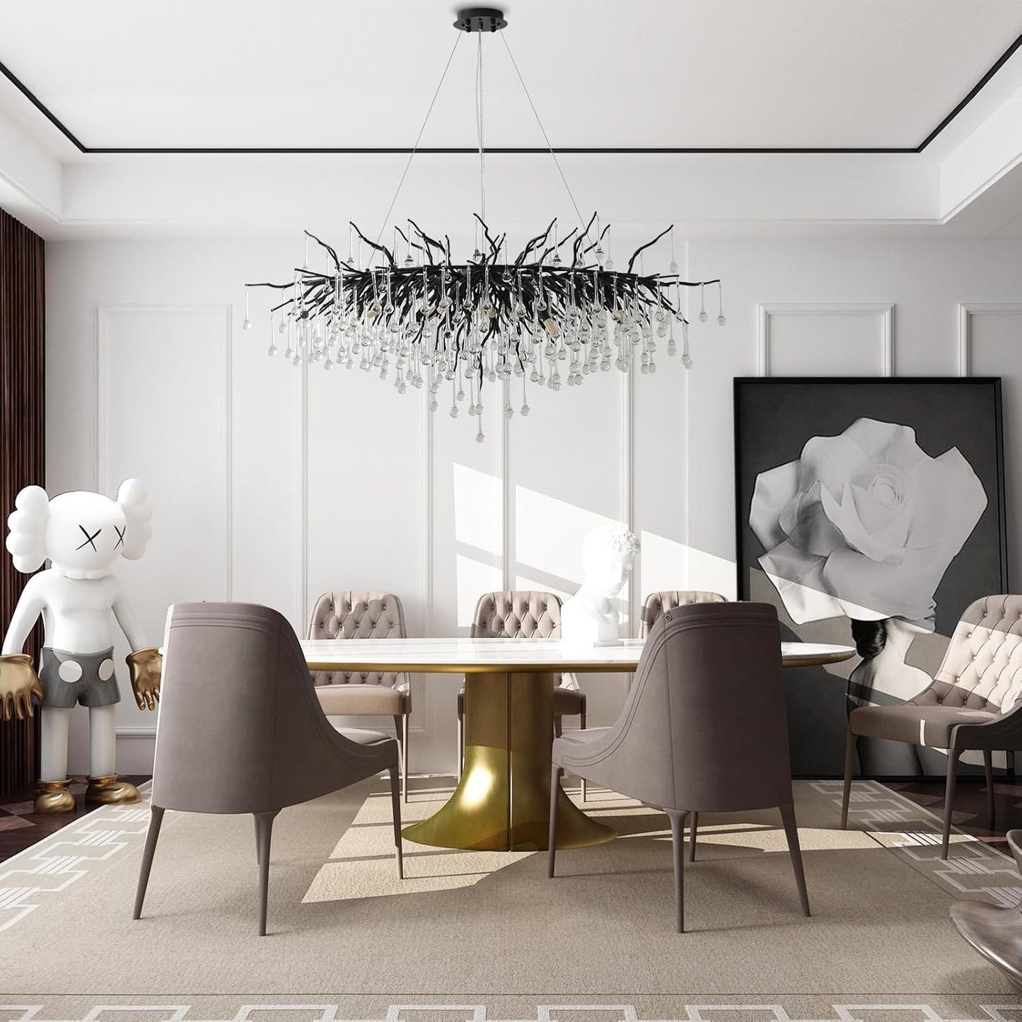 Modern Chandelier 47 in. 13-Lights Black Luxury Crystal Globe Linear Chandelier for Dining Room, Kitchen Island, Foyer