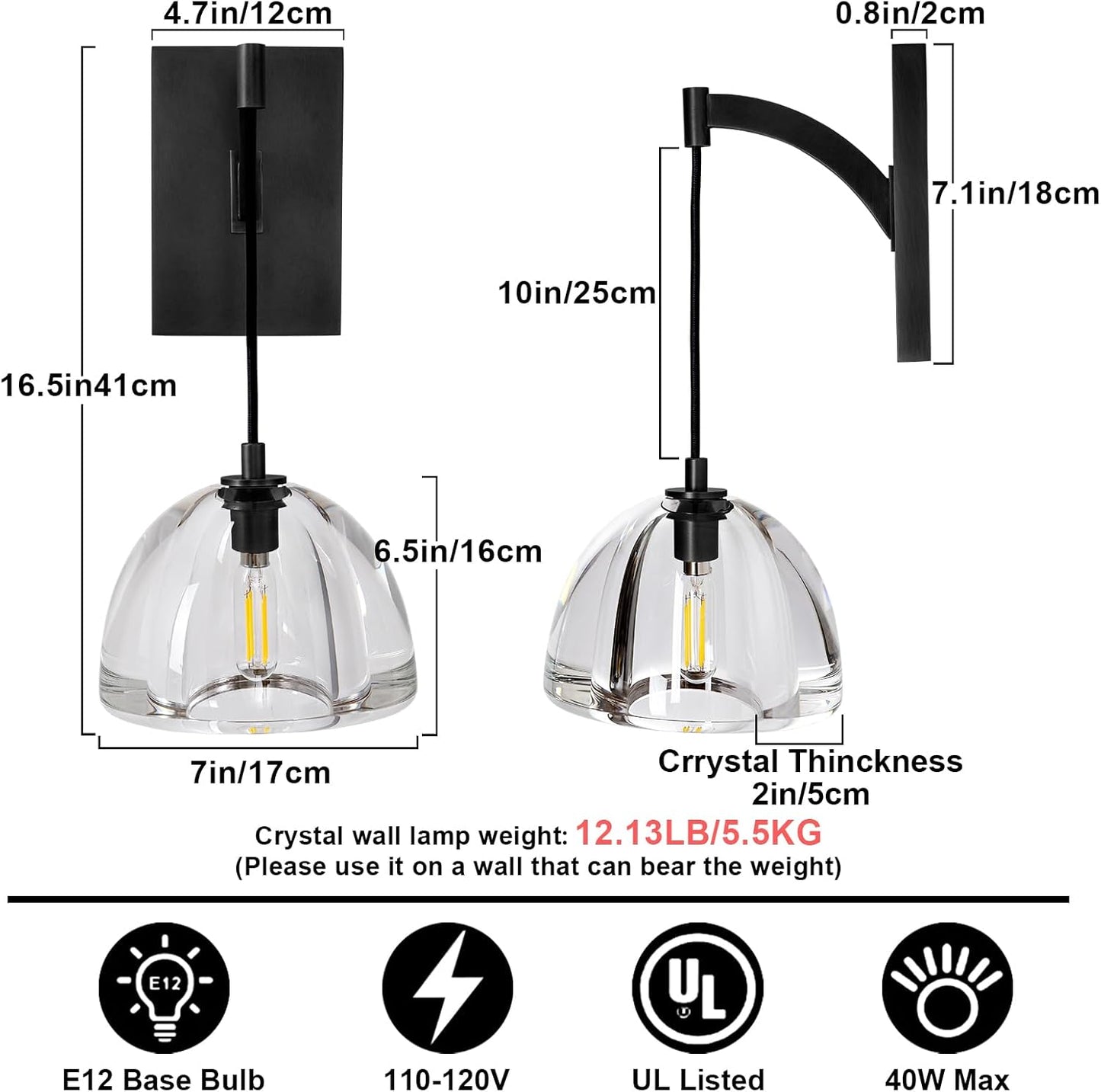 7 in. Modern 1-Lights Black Vanity Light with Luxury Crystal Shade (Set of 1)