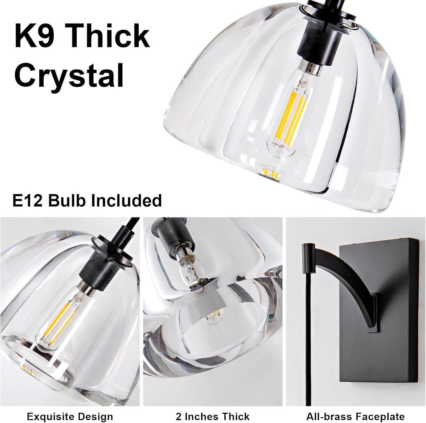 7 in. Modern 1-Lights Black Vanity Light with Luxury Crystal Shade (Set of 1)