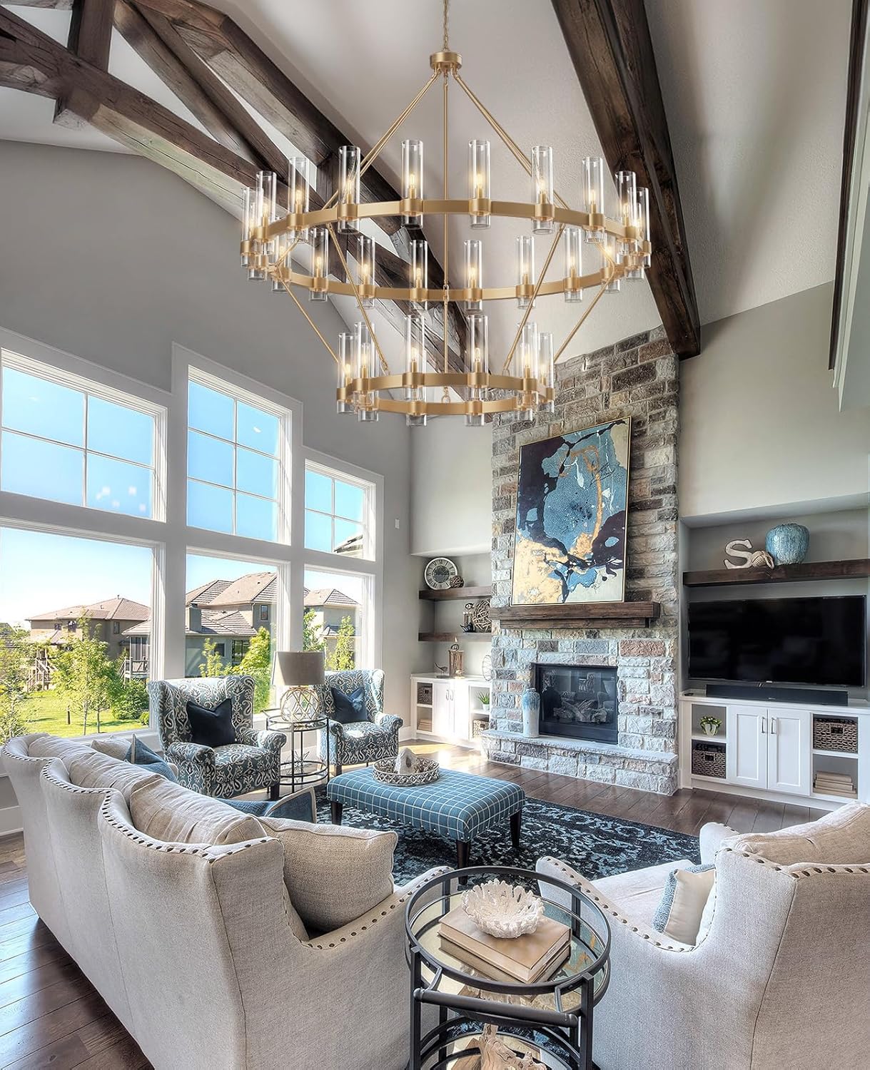 Modern Chandelier 60 in. 30-Light Gold Wagon Wheel Chandelier for Dinning Room, Foyer, Living Room, Staircase