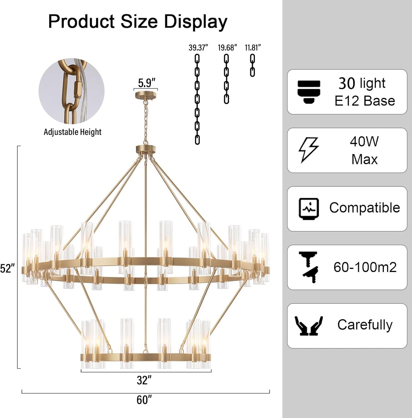 Modern Chandelier 60 in. 30-Light Gold Wagon Wheel Chandelier for Dinning Room, Foyer, Living Room, Staircase
