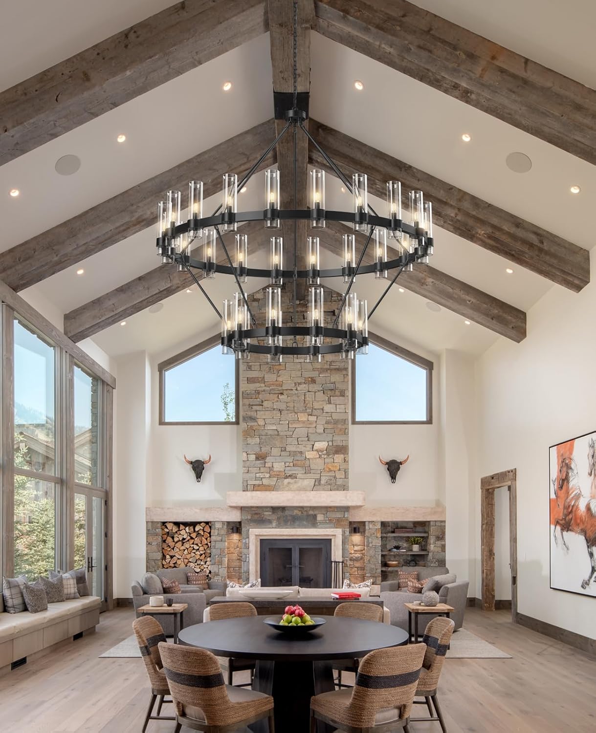 Farmhouse Chandelier 60 in. 30-Light Black Wagon Wheel Chandelier for Dining Room, Foyer, Living Room, Staircase