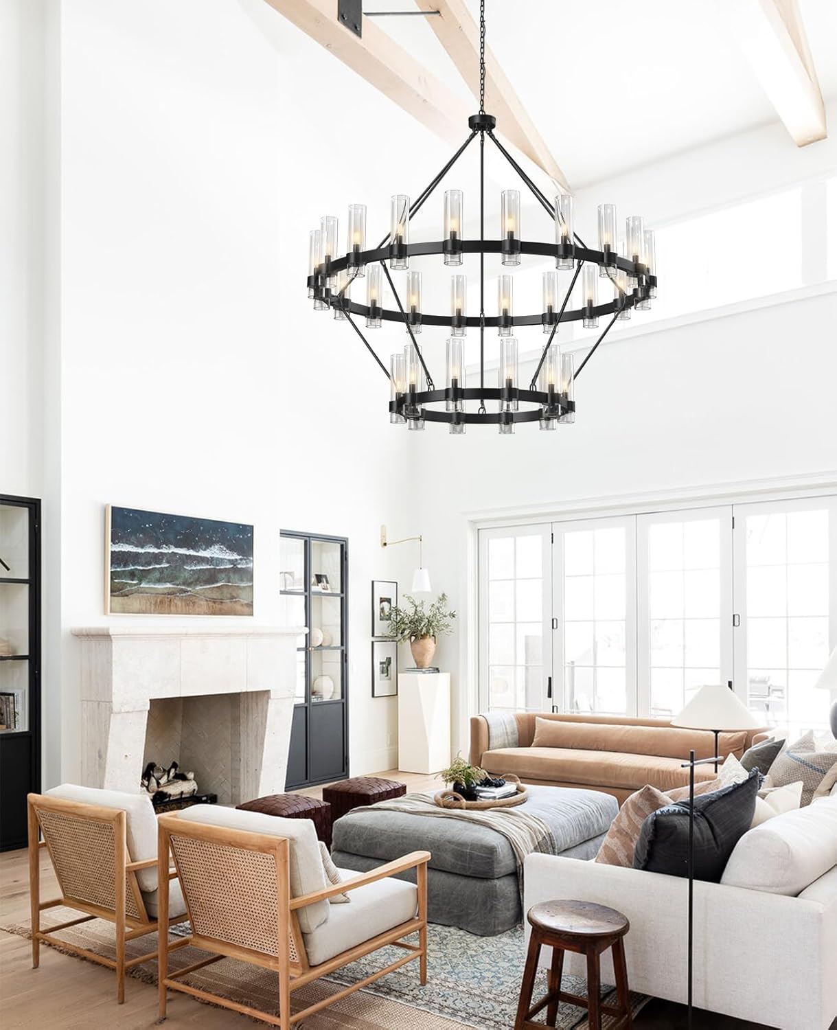 Farmhouse Chandelier 60 in. 30-Light Black Wagon Wheel Chandelier for Dining Room, Foyer, Living Room, Staircase