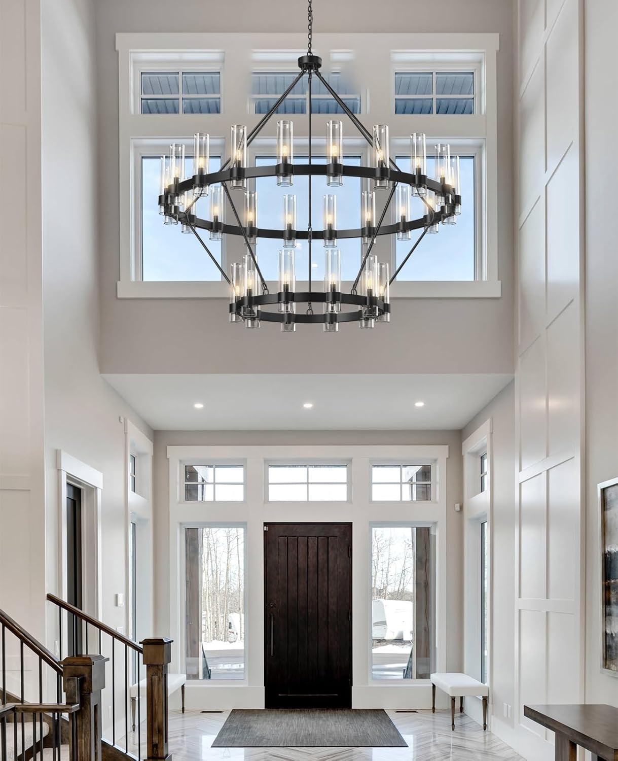 Farmhouse Chandelier 60 in. 30-Light Black Wagon Wheel Chandelier for Dining Room, Foyer, Living Room, Staircase