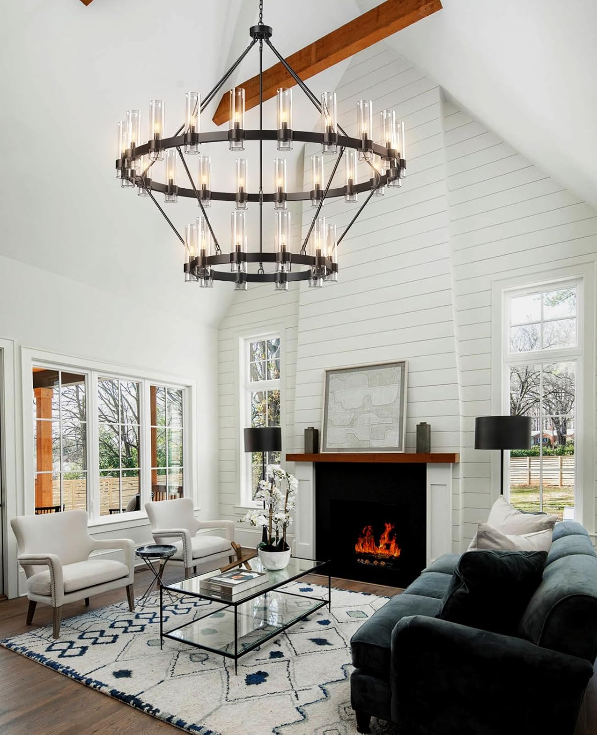 Farmhouse Chandelier 60 in. 30-Light Black Wagon Wheel Chandelier for Dining Room, Foyer, Living Room, Staircase