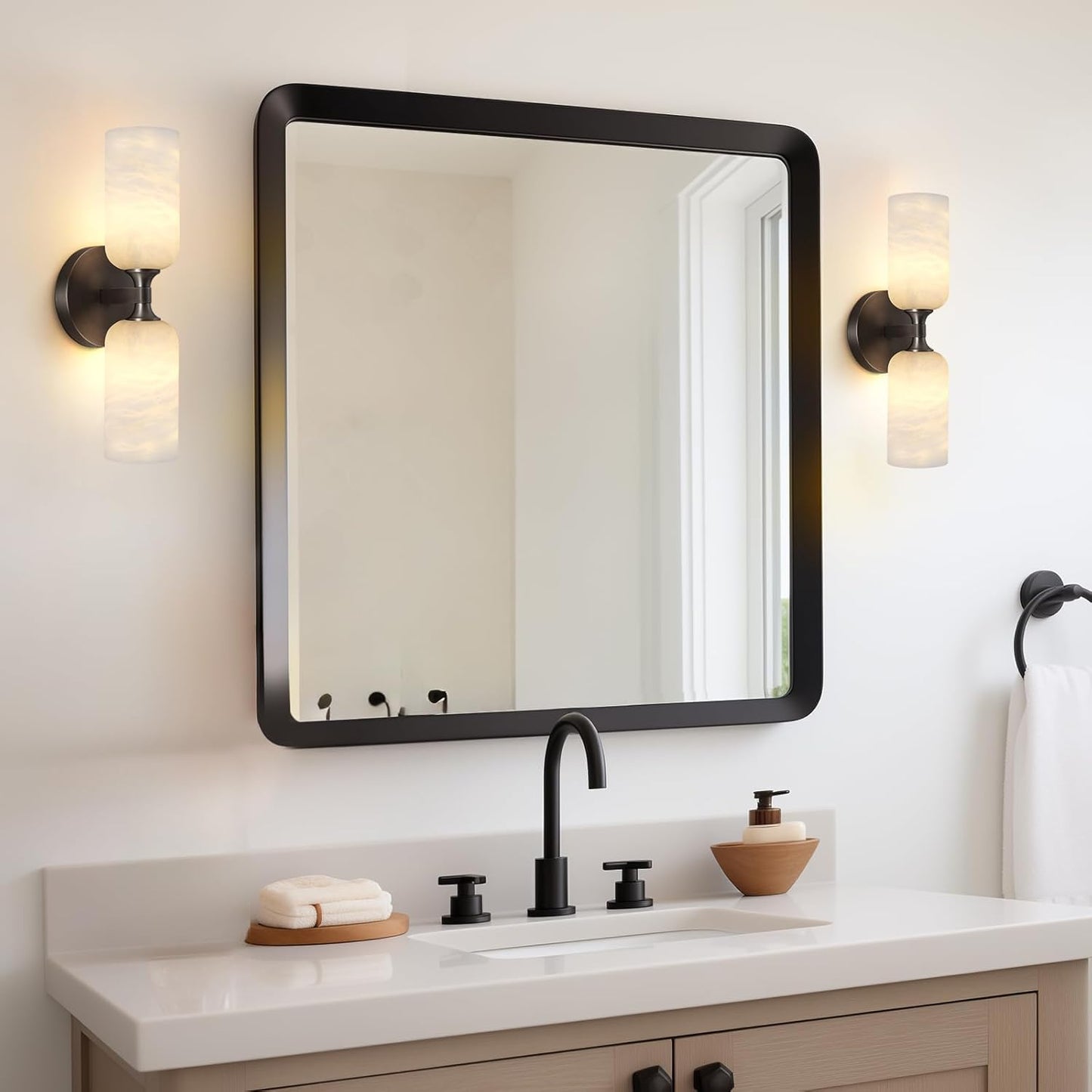 14in. 2-Light Black Modern Natural Alabaster Wall Sconce, Brass Bathroom Sconces for Living Room, Staircase, Hallway