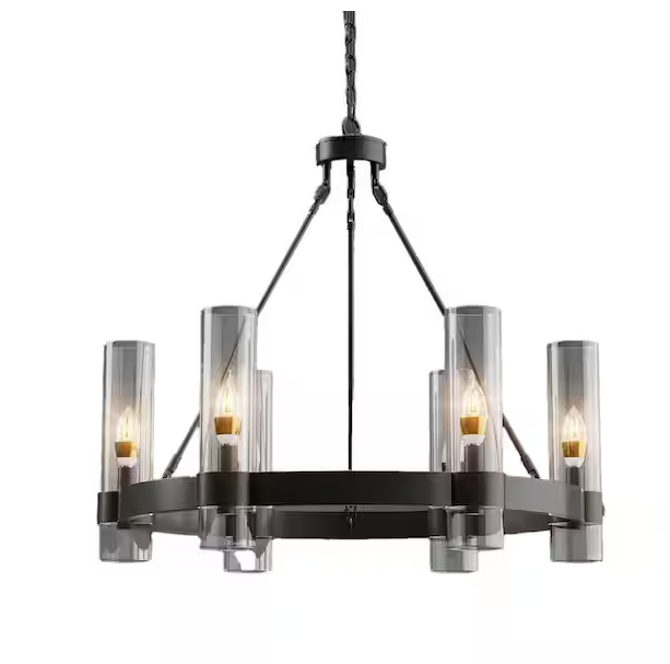 Farmhouse Chandelier 20 in. 6-Light Black Wagon Wheel Chandelier for Dinning Room, Kitchen Island, Foyer, Bedroom