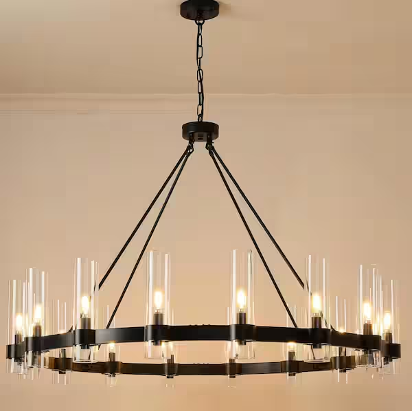 Farmhouse Chandelier 48 in. 16-Light Black Wagon Wheel Chandelier for Dinning Room, Kitchen Island, Foyer, Bedroom