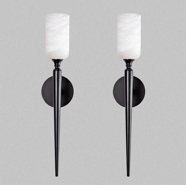 22 in. 1-Light Black LED Wall Sconce, Natural Alabaster Modern Wall Light for Bedroom, Bathroom, Living Room (Set of 2)