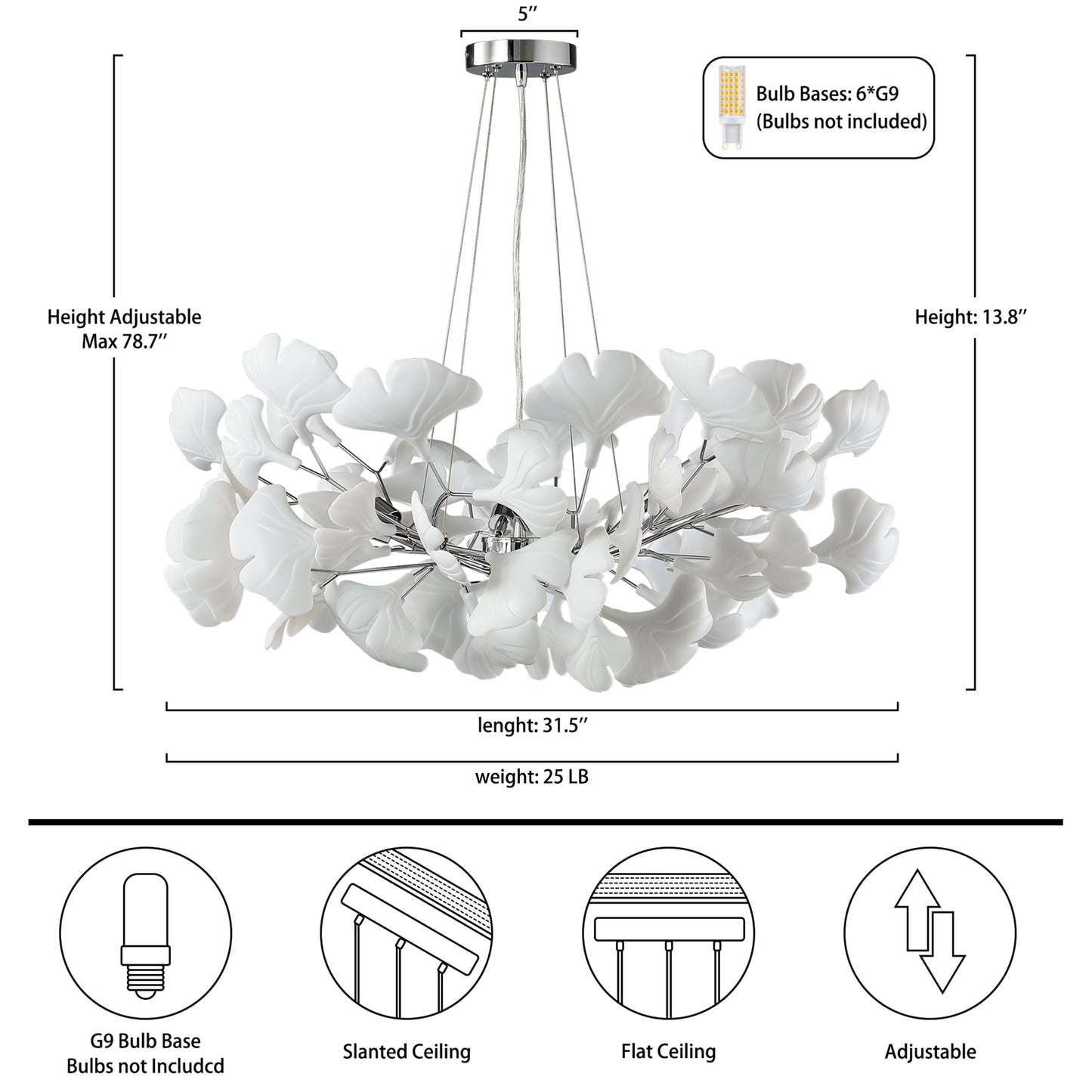 6 Light Silver Chandelier, Luxury Ginkgo Branch Chandelier for Living Room, Dining Room, Foyer, Kitchen Island-L31 in.