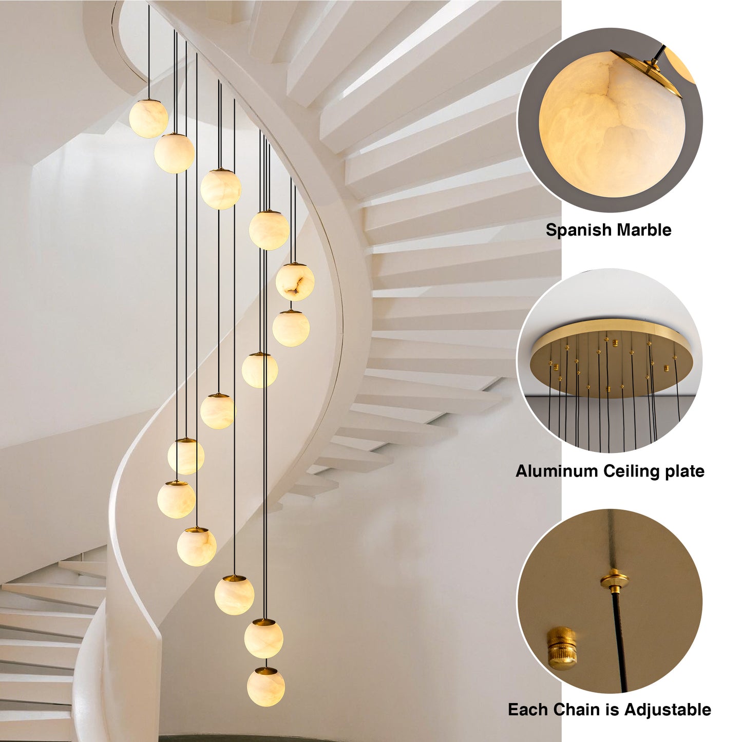 Modern 138 in. H 14-Light Gold Globe Staircase Chandelier, Natural Alabaster Chandelier for High Ceiling, Foyer, Entry