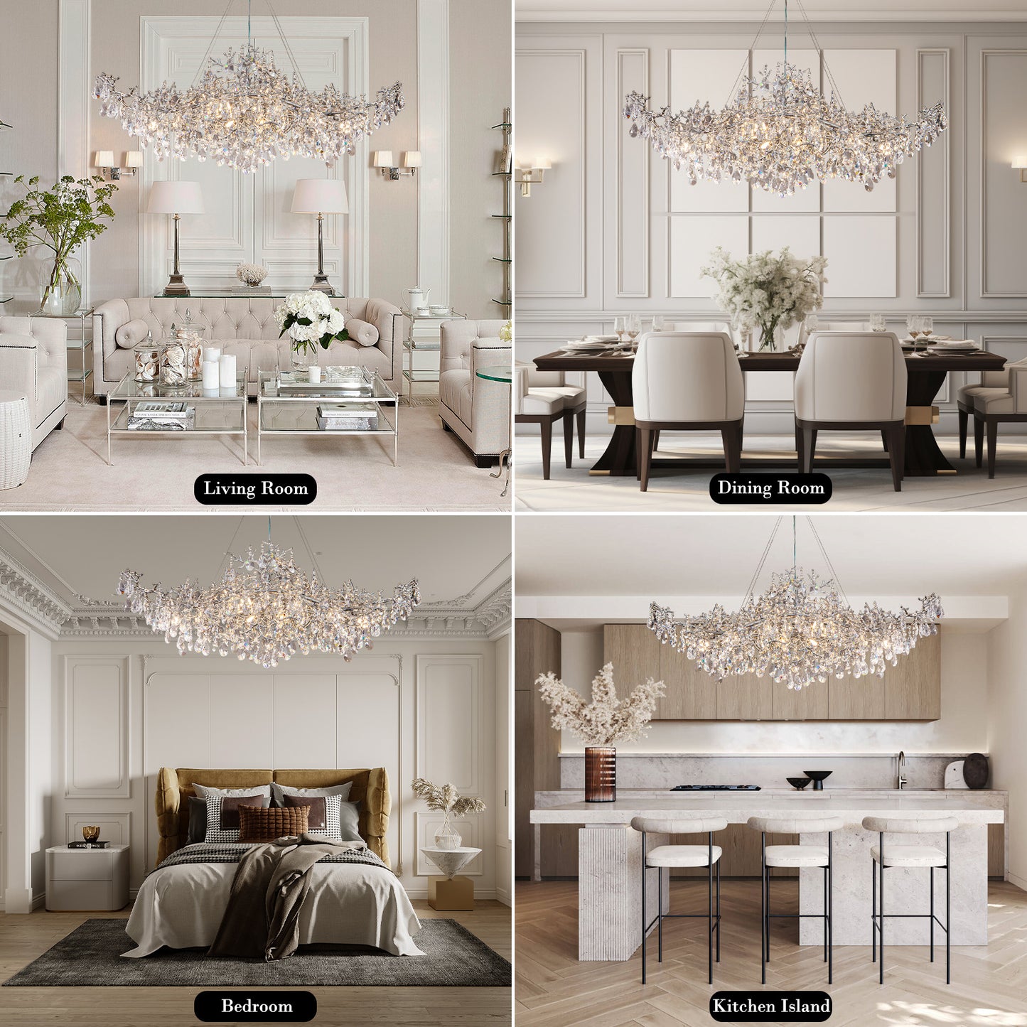 47.2" 14-Lights Silver Luxury Crystal Linear Chandelier, Modern Branch Chandelier for Dinning Room, Kitchen, Living Room