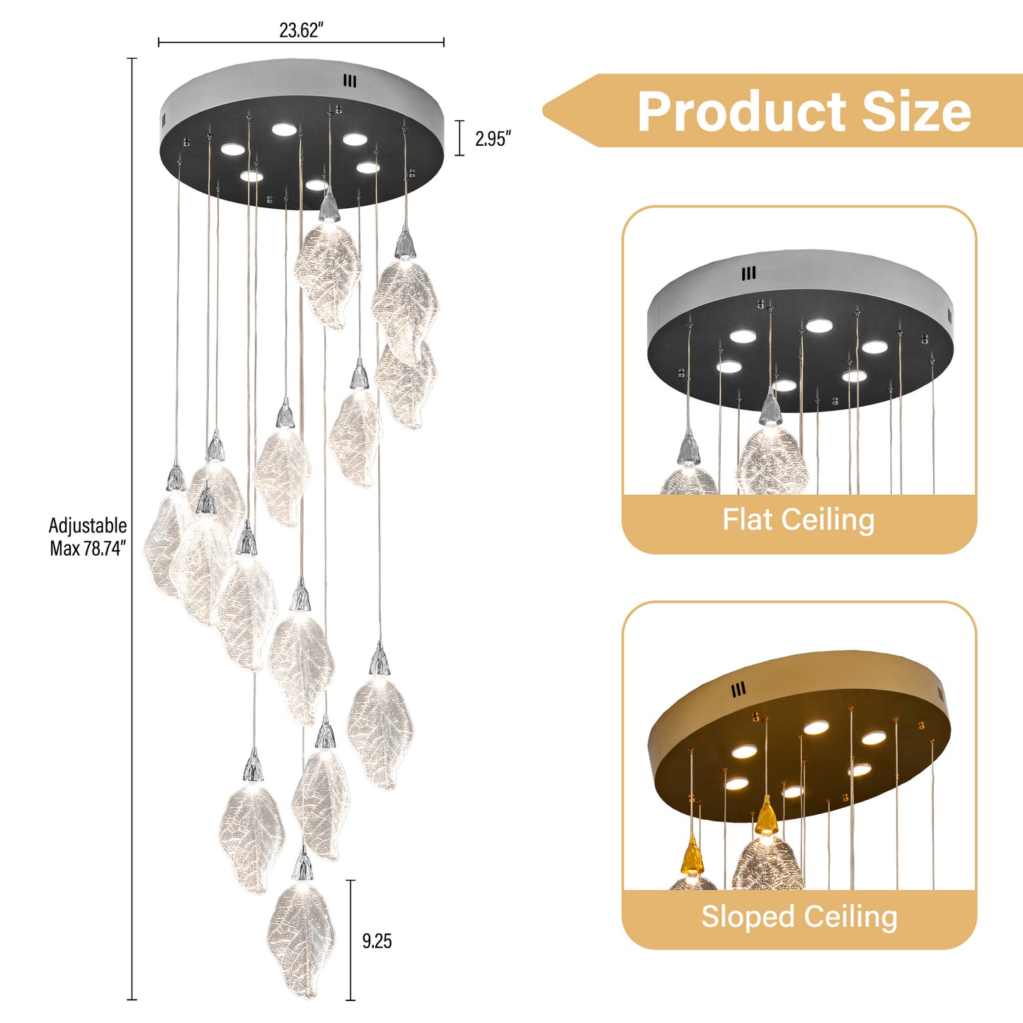 Modern 78 in. H 14Light Integrated LED Silver Crystal Staircase Chandelier Bionic Leaf High Ceiling LED Lighting Fixture