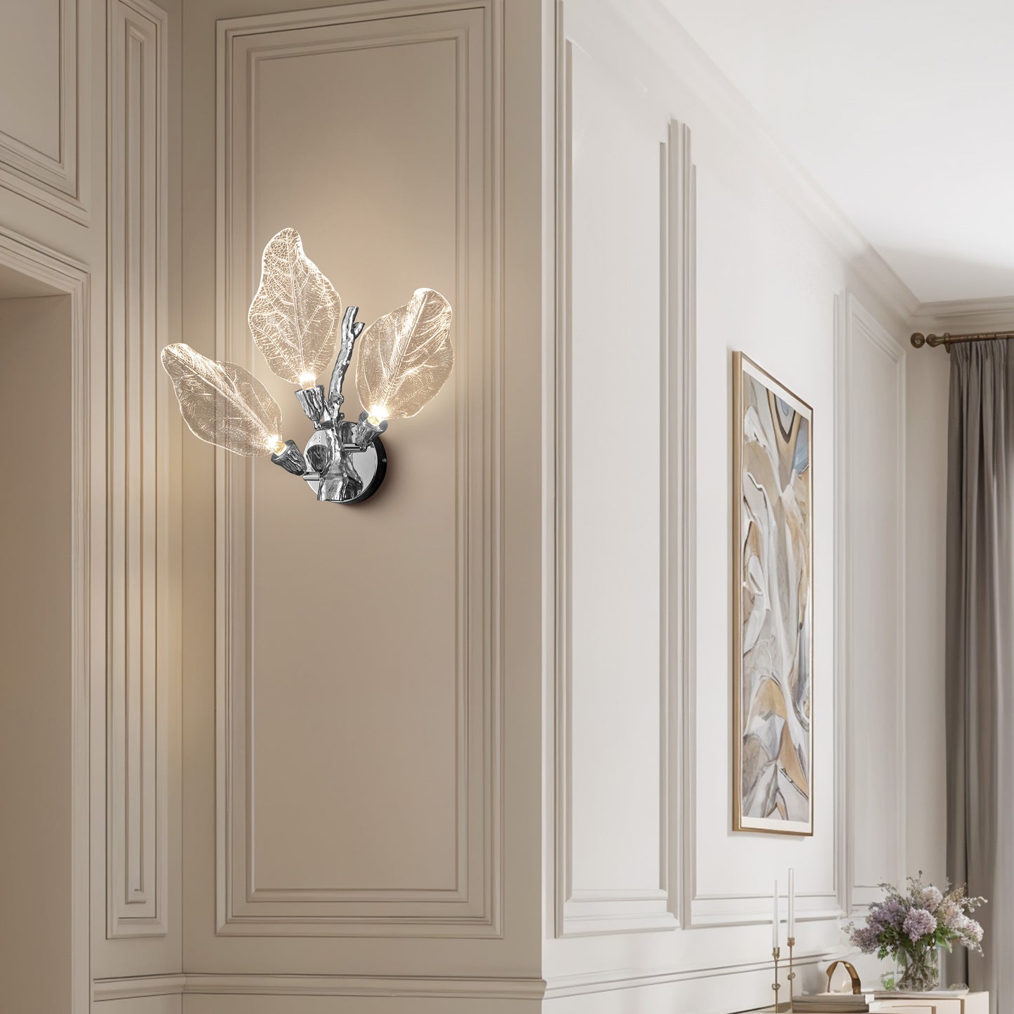 Modern 13.4 in. 3-Light Silver Bionic Leaf Wall Sconce LED Vanity Lighting Fixtures Bathroom Hallway Living Room Stair