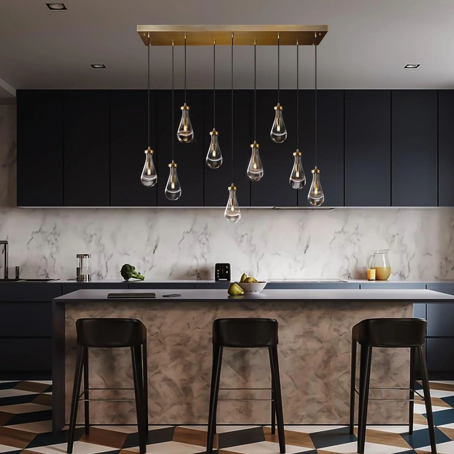 9-Light Gold Raindrop Chandelier, Modern Glass Pendant Light for Living Room, Kitchen Island, Bulb Included
