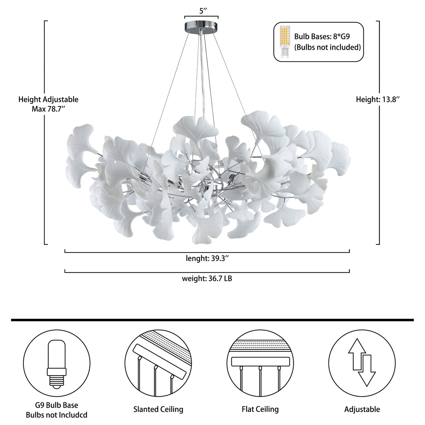 8 Light Silver Chandelier, Luxury Ginkgo Branch Chandelier for Living Room, Dining Room, Foyer, Kitchen Island-L39 in.