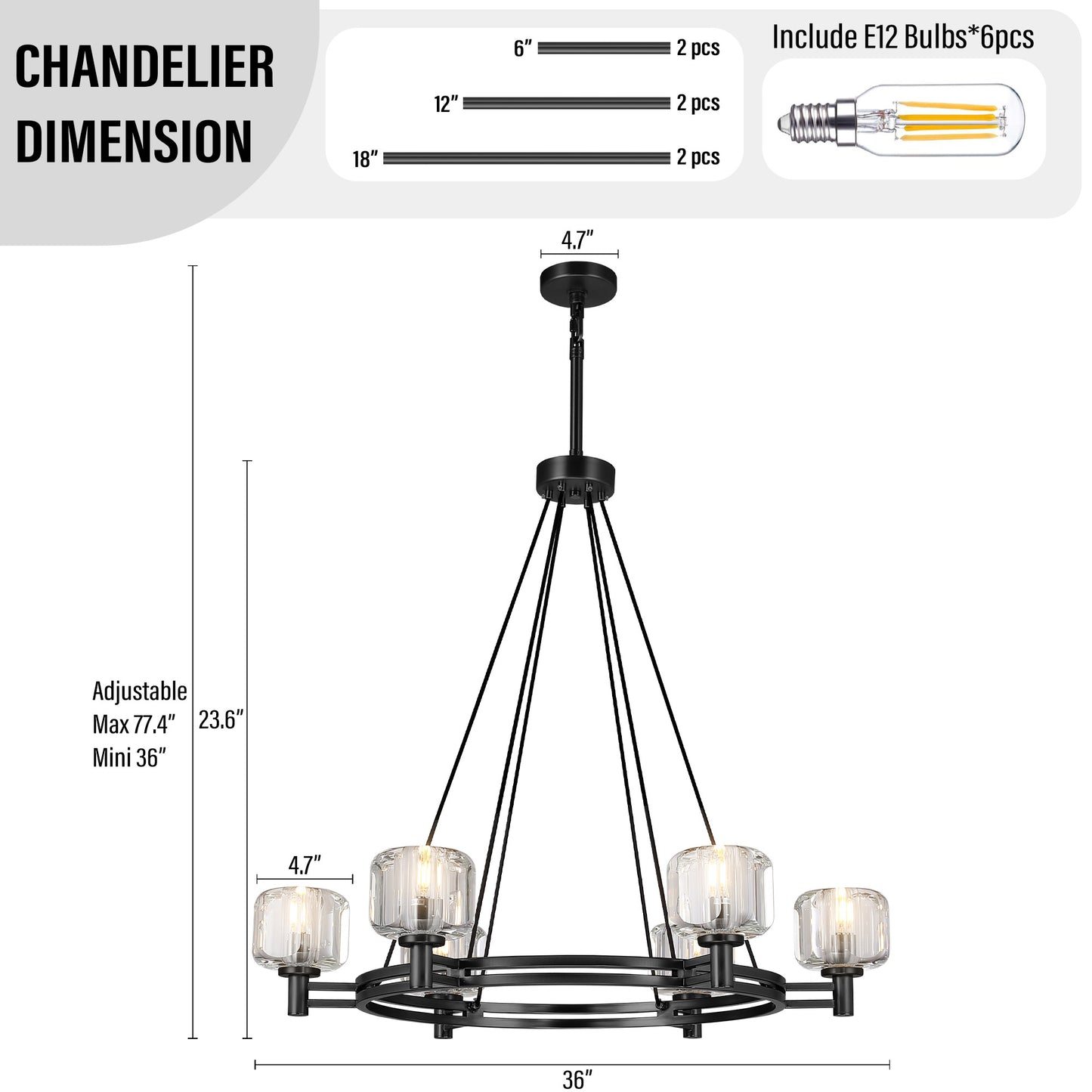36 in. 6-Light Black Farmhouse Wagon Wheel Chandelier with Crystal Lampshade for Dining Room, Living Room Kitchen Island