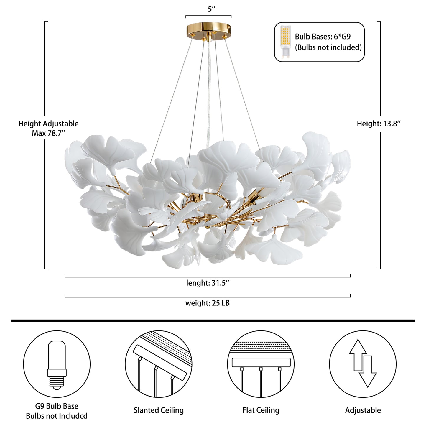 6 Light Gold Chandelier, Luxury Ginkgo Branch Chandelier for Living Room, Dining Room, Foyer, Kitchen Island-L31 in.
