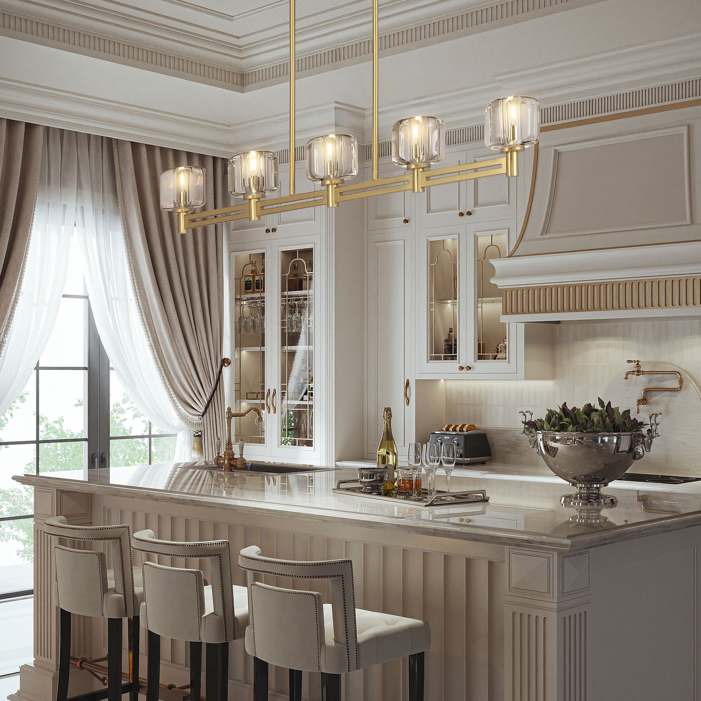 54 in. 5-Light Gold Farmhouse Linear Chandelier with Crystal Lampshade for Dining Room, Living Room and Kitchen Island